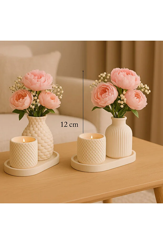 Çiçekli Seramik Vazo Ve Mum Seti – 2’li Dekoratif Masa Süsü(ÇİCEKLER DAHİL DEĞİLDİR)